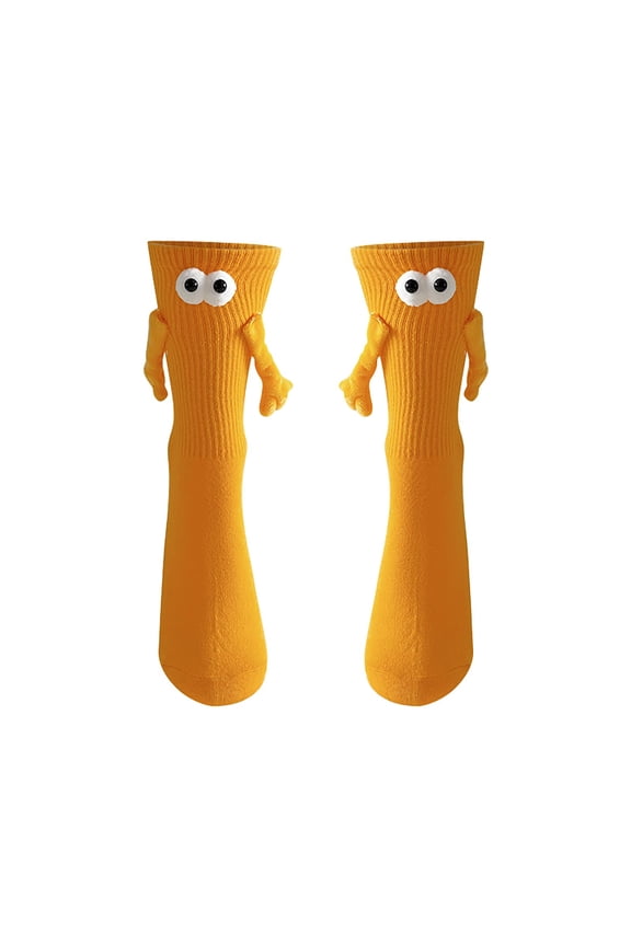 Women's Fun Couple Design Magnetic Pull On Tube Socks with Hand Holding Pattern for Cozy Everyday Wear and Perfect Gift Idea Orange