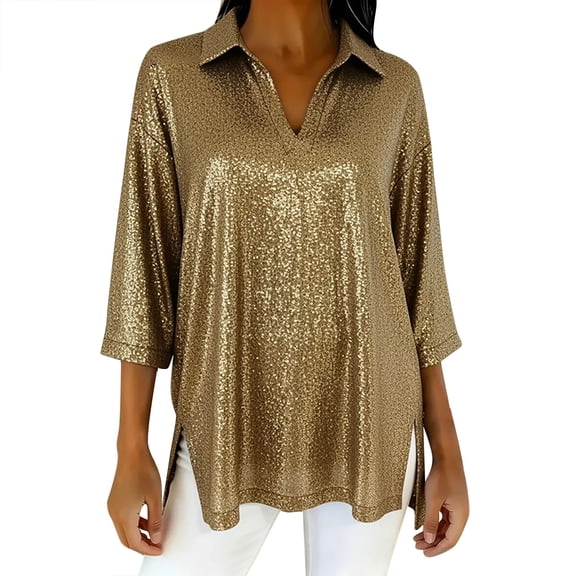 ManxiVoo Women's Glamorous Casual Sparkle Top with Pile Collar and Side Slit Three Quarter Sleeve XL Size Khaki