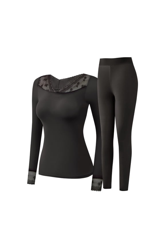 Women's High Elastic Thermal Pajama Set Thin Base Layer for Cold Weather Warmth and Comfort Long Sleeve Seamless Inner Wear L Size Black