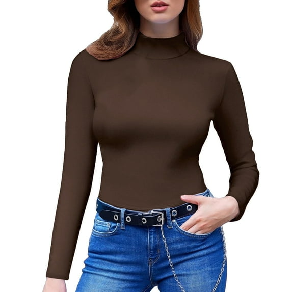 ManxiVoo Women's High Neck Fitted Long Sleeve Top Stretch Cotton Blend Basic Layering Tee Comfortable Bodycon Style M Size Coffee