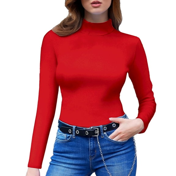 ManxiVoo Women's High Neck Fitted Long Sleeve Top Stretch Cotton Blend Basic Layering Tee Comfortable Bodycon Style S Size Red