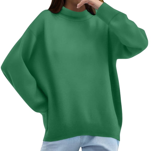 ManxiVoo Women's High Neck Pure Cotton Sweatshirt Long Sleeve Versatile Solid Color Casual Winter Pullover L Size Green