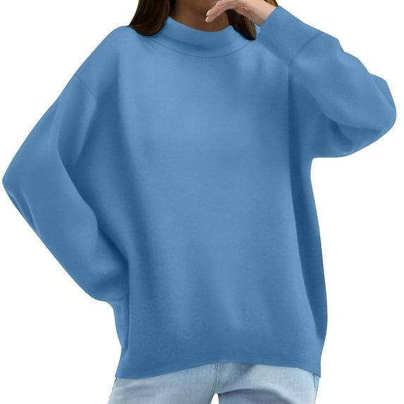 ManxiVoo Women's High Neck Pure Cotton Sweatshirt Long Sleeve Versatile Solid Color Casual Winter Pullover M Size Sky Blue