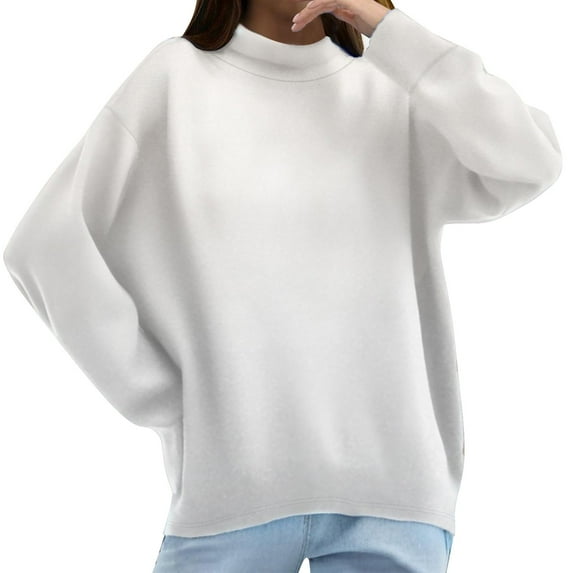 ManxiVoo Women's High Neck Pure Cotton Sweatshirt Long Sleeve Versatile Solid Color Casual Winter Pullover XXL Size White