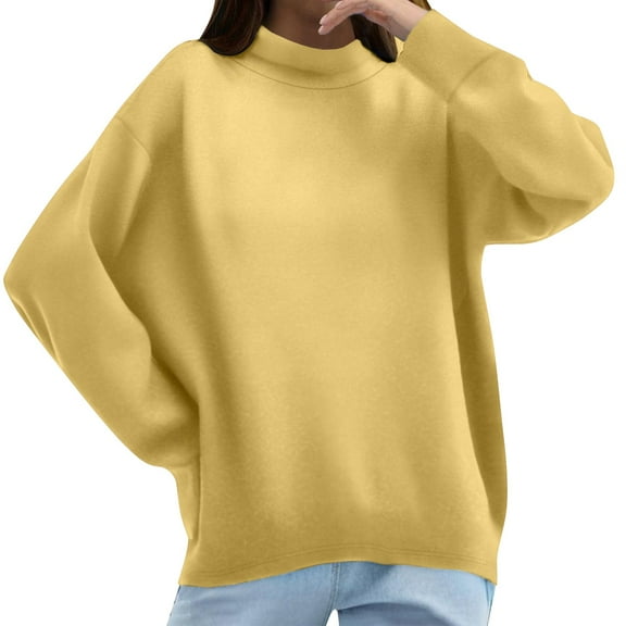 ManxiVoo Women's High Neck Pure Cotton Sweatshirt Long Sleeve Versatile Solid Color Casual Winter Pullover XXXL Size Yellow