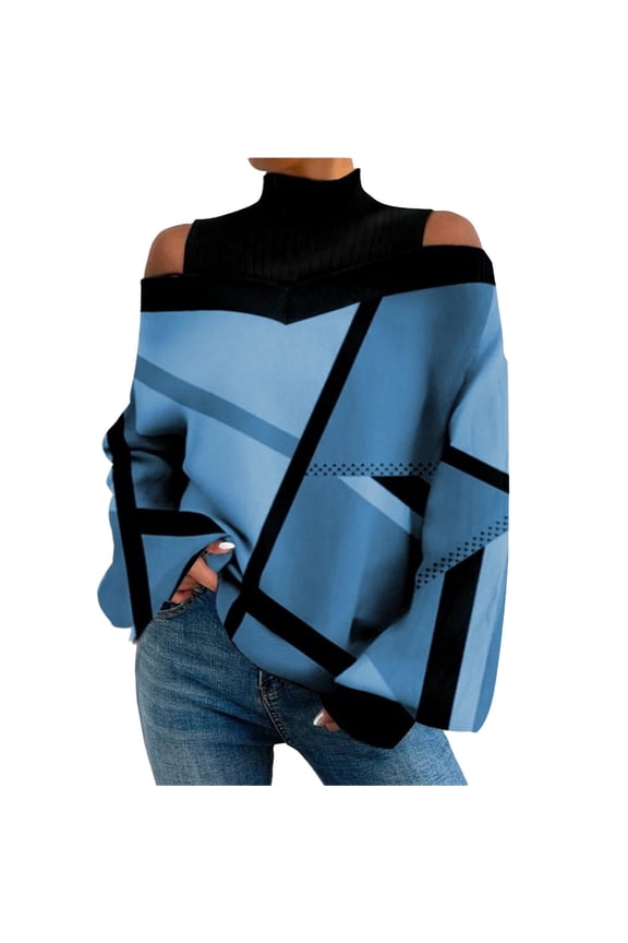 Women's High Neck Strapless Long Sleeve T Shirt with Floral Print for Elegant Fashion Tops and Party Wear L Size Blue