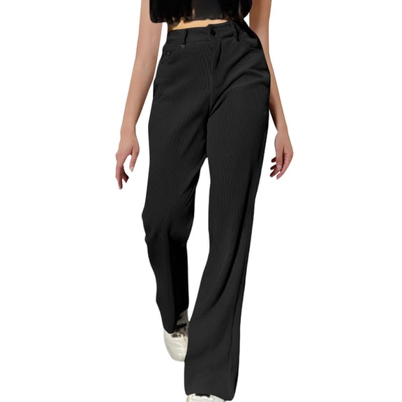 ManxiVoo Women's High Waist Wide Leg Corduroy Overalls Relaxed Fit Straight Leg Casual Flare Pants with Rivet Details S Size Black