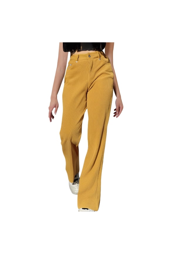 Women's High Waist Wide Leg Corduroy Overalls Relaxed Fit Straight Leg Casual Flare Pants with Rivet Details XXL Size Yellow