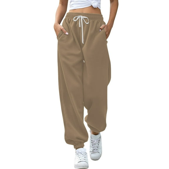 ManxiVoo Women's High Waisted Jogger Sweatpants with Pockets Casual Loose Fit Sport Yoga Active Wear Trousers XXXL Size Khaki