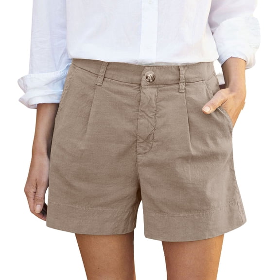 ManxiVoo Women's High Waisted Linen Shorts with Button Fly and Pockets for Business Casual Summer Work Attire M Size Khaki