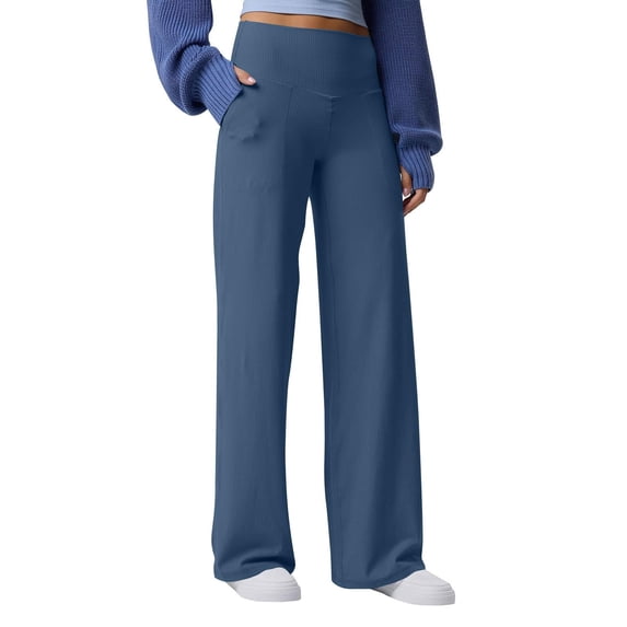 ManxiVoo Women's High Waisted Ribbed Flare Leggings Yoga Pants with Wide Leg Lounge Trousers for Women Buttery Soft Comfy Everyday Wear XL Size Blue