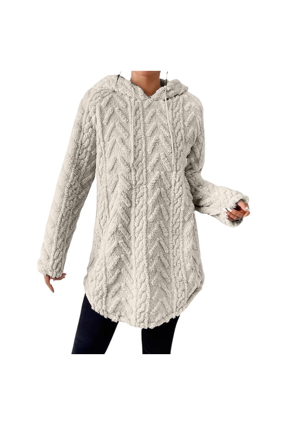 Women's Hooded Jacquard Sweater Long Sleeve Fit and Flare Drawstring Casual Winter Pullover M Size Beige