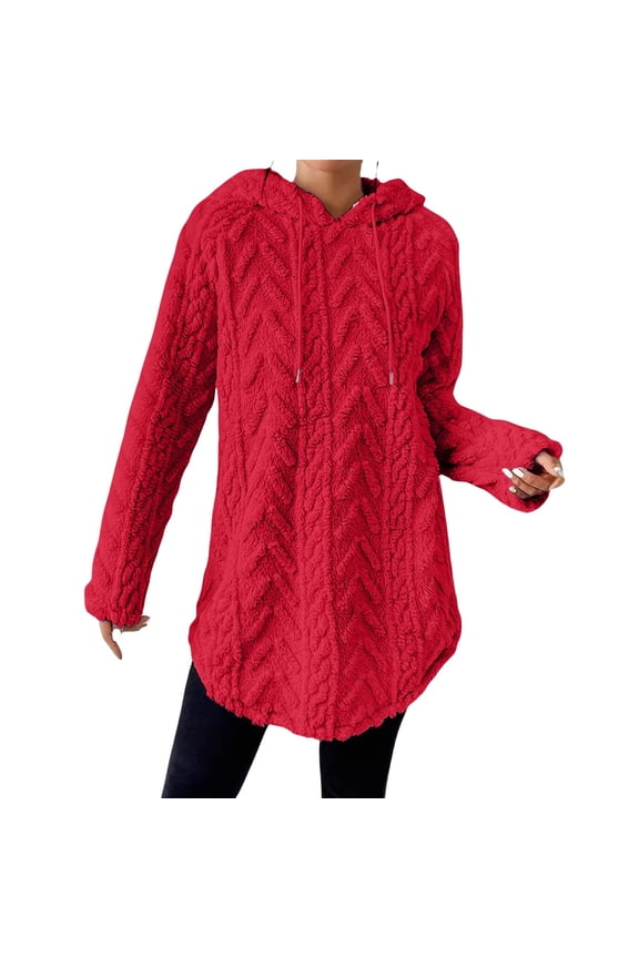 Women's Hooded Jacquard Sweater Long Sleeve Fit and Flare Drawstring Casual Winter Pullover XL Size Red