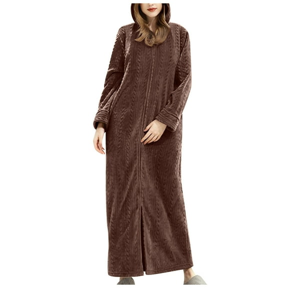 ManxiVoo Women's Hooded Robe Flannel Long Bathrobe Cozy Loungewear Home Wear Zip Up Housecoat L Size Coffee