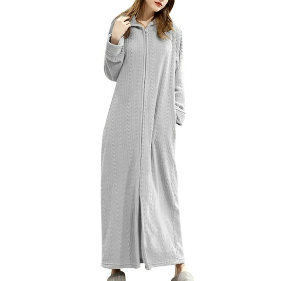 ManxiVoo Women's Hooded Robe Flannel Long Bathrobe Cozy Loungewear Home Wear Zip Up Housecoat L Size Grey