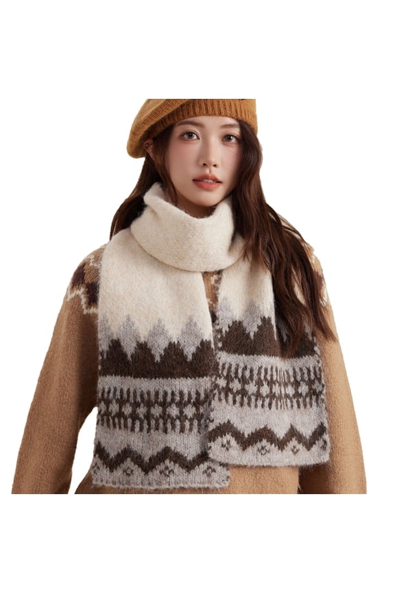 Women's Isle Knitted Winter Scarf with Thickened Patterned Design for Warm and Cozy Style in Cold Seasons Beige