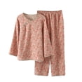thumbnail image 1 of ManxiVoo Women's Jacquard Trim Pure Cotton Pajama Set Long Sleeve Trousers Lightweight Loungewear with Decorative Buttons M Size Orange, 1 of 3