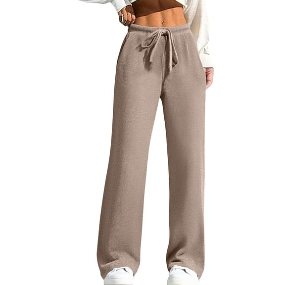 ManxiVoo Women's Knit Straight Leg Trousers High Elastic Waist Comfort Fit Lounge Wide Leg Soft Sweater Pants M Size Khaki