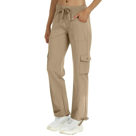ManxiVoo Women's Lightweight Cargo Pants Adjustable Waist Straight Leg Athletic Travel Hiking Casual Comfortable Outdoor XXL Size Khaki