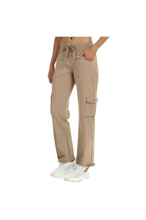 Women's Lightweight Cargo Pants Adjustable Waist Straight Leg Athletic Travel Hiking Casual Comfortable Outdoor XXL Size Khaki