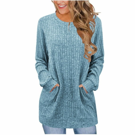 ManxiVoo Women's Lightweight Sweater Long Sleeve Crewneck Pullover with Pocket in Ribbed Knit Design XXL Size Light Blue