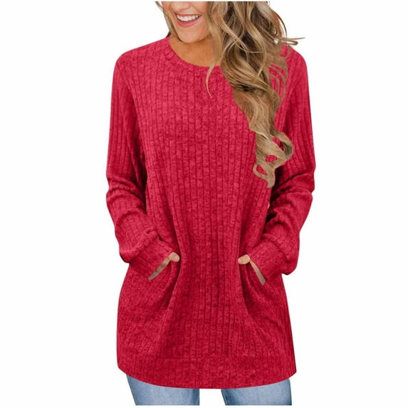 ManxiVoo Women's Lightweight Sweater Long Sleeve Crewneck Pullover with Pocket in Ribbed Knit Design XXL Size Red