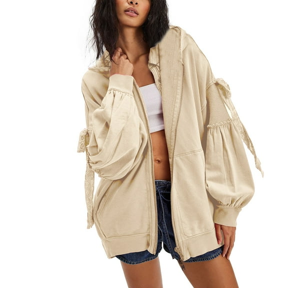 ManxiVoo Women's Lightweight Zip Up Hooded Sweatshirt Oversized Long Sleeve Jacket Casual Fall Outerwear 2025 M Size Beige