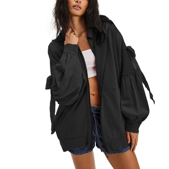 ManxiVoo Women's Lightweight Zip Up Hooded Sweatshirt Oversized Long Sleeve Jacket Casual Fall Outerwear 2025 S Size Black