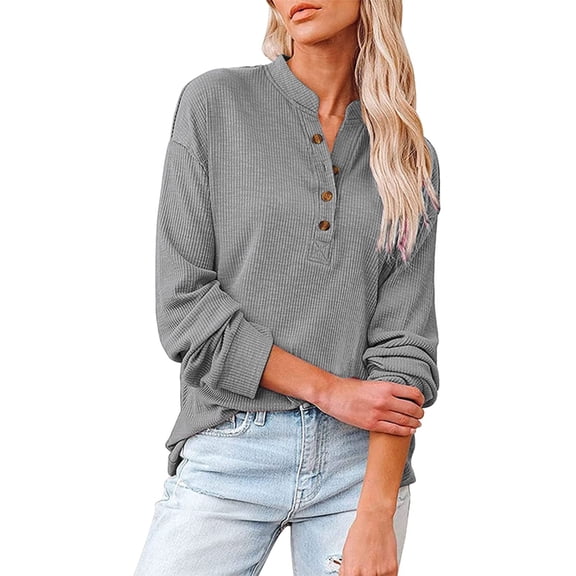 ManxiVoo Women's Long Sleeve Button Down V Neck Knit Shirt Stand Collar Casual Tops XL Size Grey