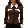 thumbnail image 1 of ManxiVoo Women's Long Sleeve Shirt Color Block Tailored Slim Fit Blouse for Workday Chic Style XL Size Coffee, 1 of 4