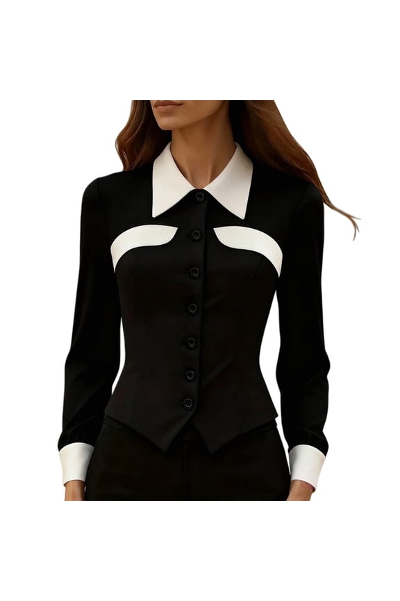 Women's Long Sleeve Shirt Color Block Tailored Slim Fit Blouse for Workday Chic Style XXL Size Black