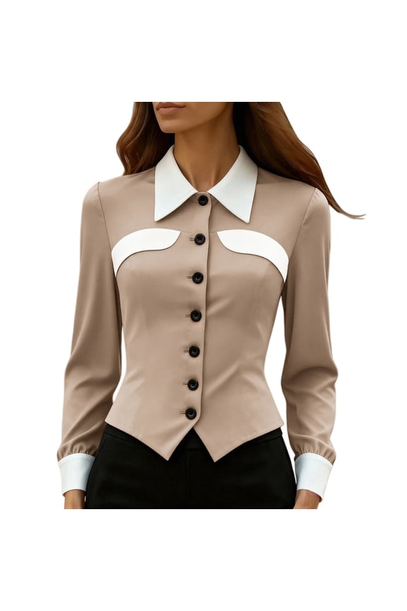 Women's Long Sleeve Shirt Color Block Tailored Slim Fit Blouse for Workday Chic Style XXL Size Khaki