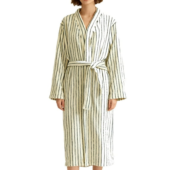 ManxiVoo Women's Long Thermal Robe for Winter Home Wear Soft Plush Fabric Striped Design Cozy Bathrobe for Indoor Lounge Comfort M Size Green