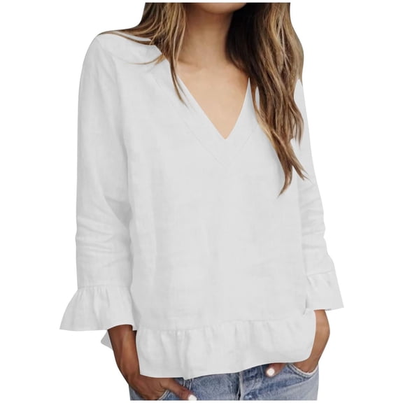 ManxiVoo Women's Loose Fit Blouse Long Sleeve Top Relaxed V Neck with Ruffle Trim for Casual Comfort S Size White