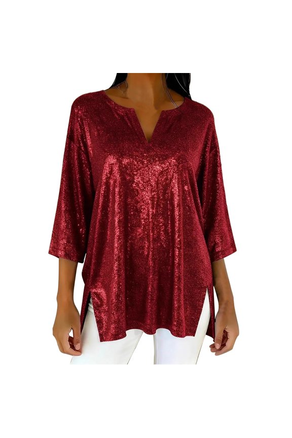 Women's Loose Fit Blouse with Side Slit and Sparkle Detail Notched V Neck Three Quarter Sleeve Top for Evening and Party XL Size Red