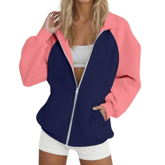 ManxiVoo Women's Loose Fit Casual Lapel Raglan Sleeve Zip Front Color Block Hooded Sweatshirt S Size Pink