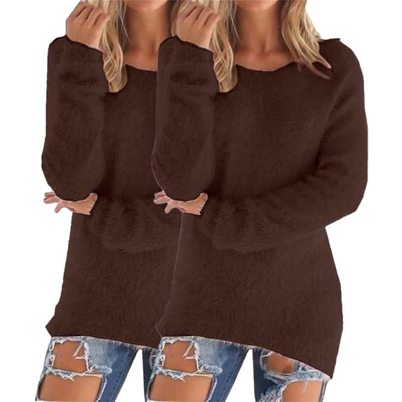 ManxiVoo Women's Loose Fuzzy Sweater Two Piece Set Long Sleeve Pullover Winter Cozy Jumper Top L Size Brown