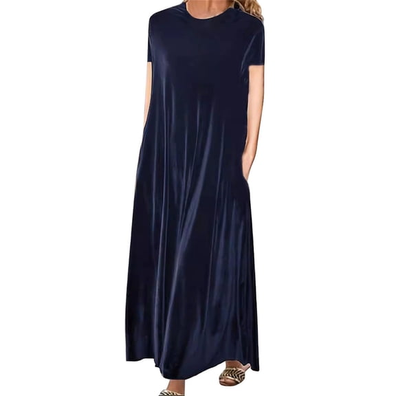 ManxiVoo Women's Midi Dress Casual Round Neck Short Sleeve Shift Comfortable Daily Wear Versatile for Work and Weekend M Size Dark Blue