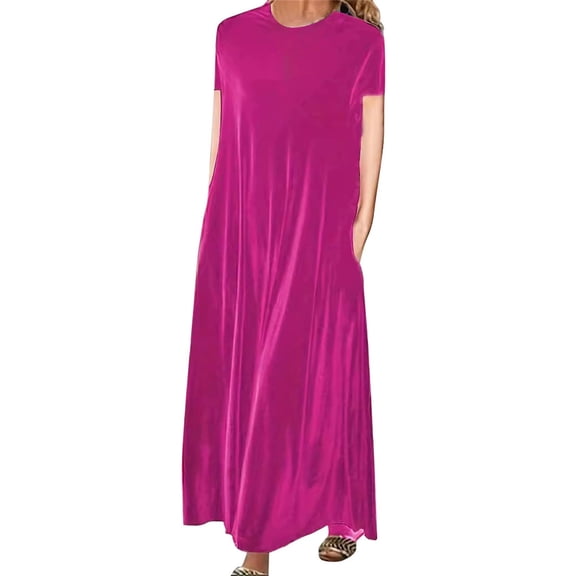 ManxiVoo Women's Midi Dress Casual Round Neck Short Sleeve Shift Comfortable Daily Wear Versatile for Work and Weekend S Size Hot Pink