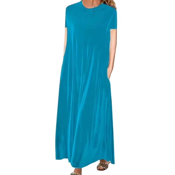 ManxiVoo Women's Midi Dress Casual Round Neck Short Sleeve Shift Comfortable Daily Wear Versatile for Work and Weekend S Size Sky Blue