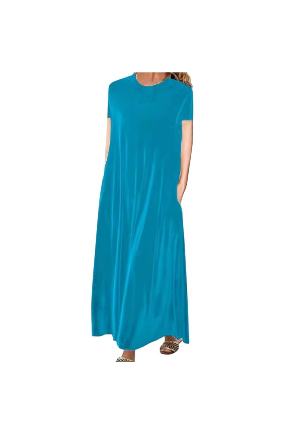 Women's Midi Dress Casual Round Neck Short Sleeve Shift Comfortable Daily Wear Versatile for Work and Weekend XL Size Sky Blue