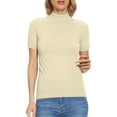 thumbnail image 1 of ManxiVoo Women's Mock Neck Top Short Sleeve Knit Pullover Sweater Smart Casual Ribbed Shirt L Size Beige, 1 of 8