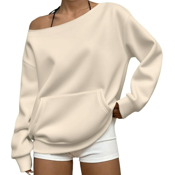 ManxiVoo Women's Off Shoulder Oversized Pullover Sweatshirt with Pockets Modern Casual Comfort Top L Size Khaki