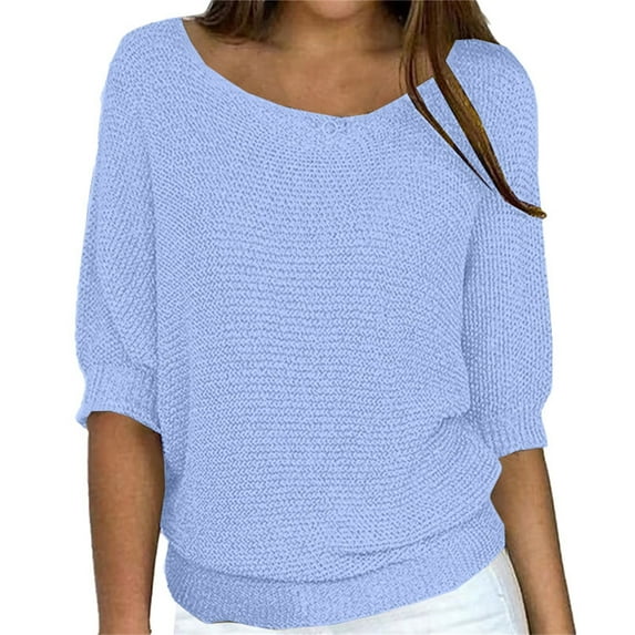 ManxiVoo Women's Off Shoulder Sweater Top Long Sleeve Pullover for Fall and Summer Layering with Three Quarter Sleeve Holiday Style L Size Light Blue