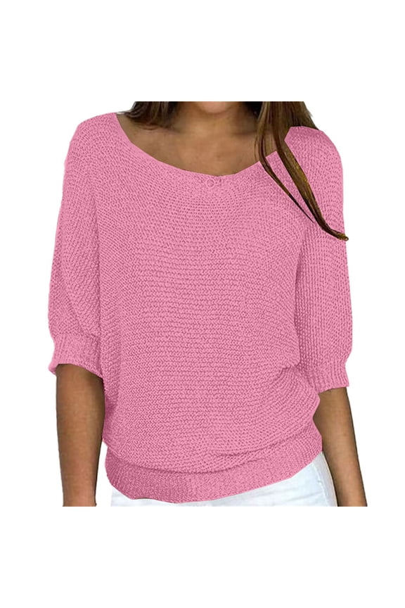 Women's Off Shoulder Sweater Top Long Sleeve Pullover for Fall and Summer Layering with Three Quarter Sleeve Holiday Style XXL Size Pink