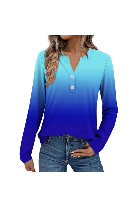 Women's Ombre Long Sleeve Button Down Shirt Casual Comfort Fit Gradient Color Stylish Blouse Versatile Tops for Women L Size Blue