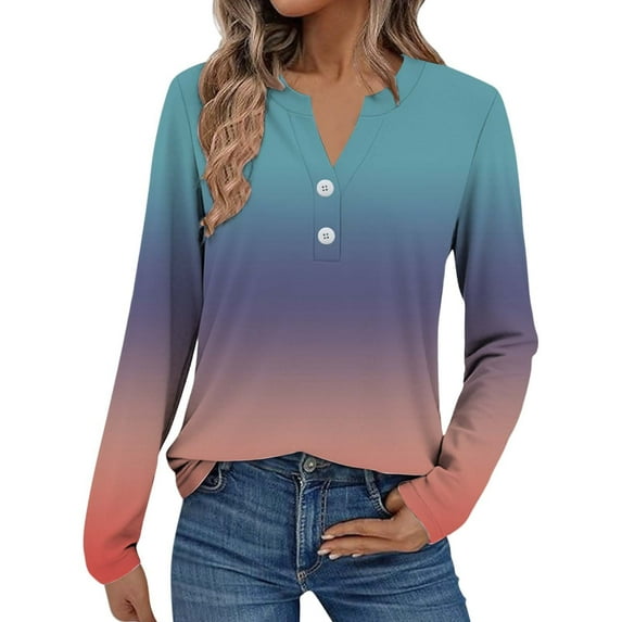 ManxiVoo Women's Ombre Long Sleeve Button Down Shirt Casual Comfort Fit Gradient Color Stylish Blouse Versatile Tops for Women L Size Sky Blue