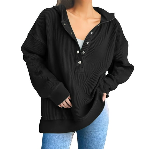 ManxiVoo Women's Oversized Button Down V-Neck Hoodie Long Sleeve Side Slit Casual Loose Pullover Top XXL Size Black