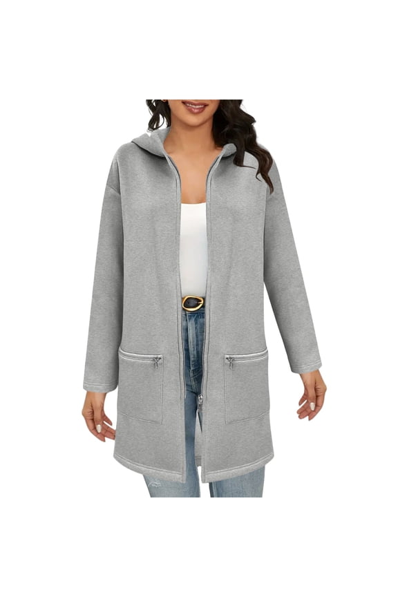 Women's Oversized Full Zip Hooded Sweatshirt with Pockets Loose Long Length Fall 2025 Soft Warm Up Jacket L Size Grey