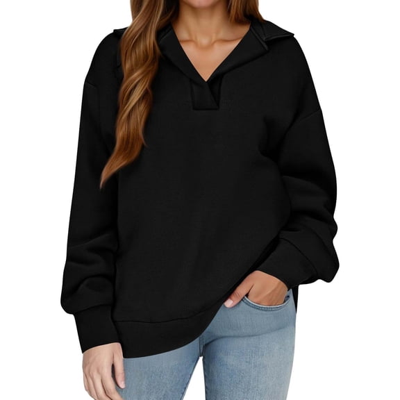 ManxiVoo Women's Oversized Lapel Neck Casual Pullover Sweatshirt Loose Fit Comfortable Top S Size Black